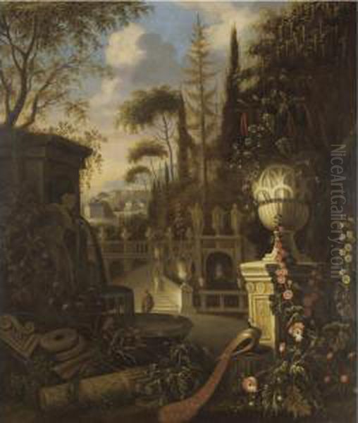 A Parkland Landscape With A 
Peacock Perched Beside Hollyhocks And Morning Glory In The Foreground 
Before A Classical Urn, A Fountain Beyond Oil Painting by Mathias Withoos