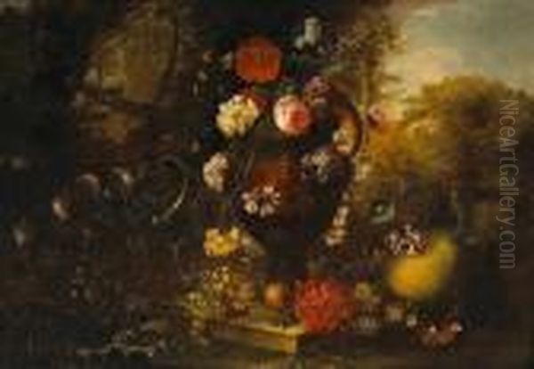 A Still Life With Fruit And Flowers In A Vase Oil Painting by Mathias Withoos