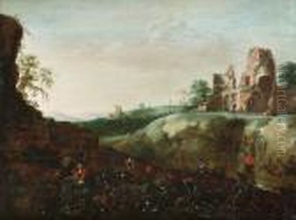 A Peasant Couple Tending Their Garden, A View To Ruins Beyond Oil Painting by Mathias Withoos