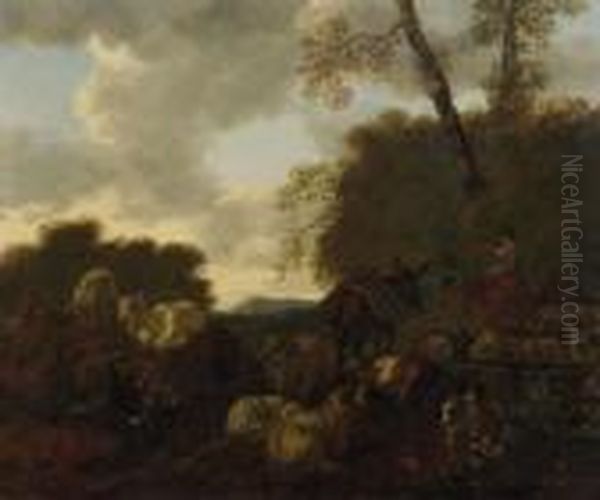 Shepherds And Their Flock By A Well In An Italianate Landscape Oil Painting by Mathias Withoos