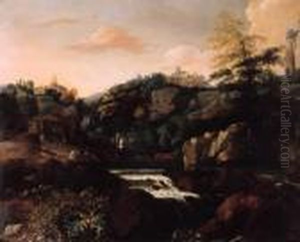 Goats And Sheep By A Waterfall Beneath A Village In An Italianatelandscape Oil Painting by Mathias Withoos