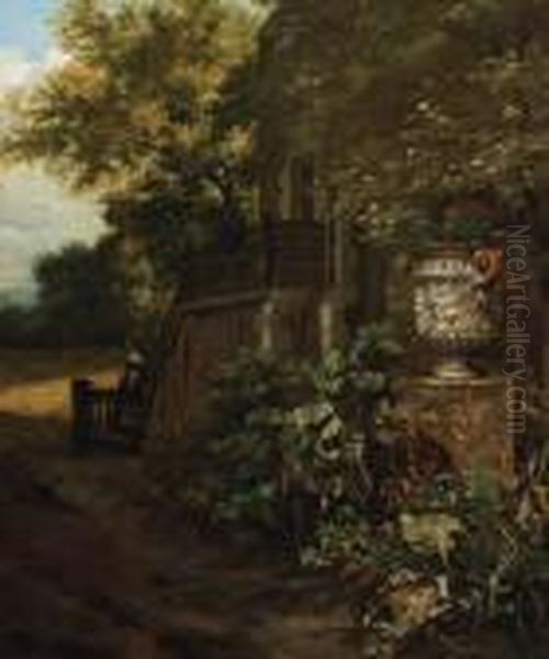 A Couple On A Stairway Outside A Mansion By A Classical Vase Oil Painting by Mathias Withoos