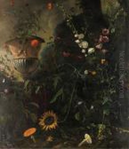 Hollyhocks, Roses, A Blue-lace 
Flower, A Sunflower And Toadstools,with Marigolds In An Urn By A Tree Oil Painting by Mathias Withoos