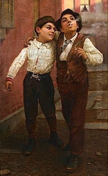 Jeunes Garcons A La Cigarette Oil Painting by Karl Karol Witkowski /