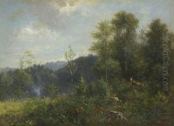 Rehe Auf Der
 Waldlichtung. Oil Painting by Karl Karol Witkowski /