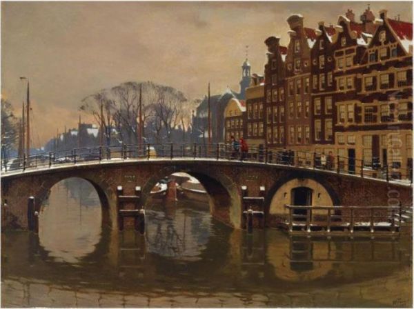 A Wintry View Of The Brouwersgracht, Amsterdam Oil Painting by Willem Witsen