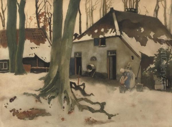 Boerderij In De Sneeuw Te Ede: Winter Oil Painting by Willem Witsen