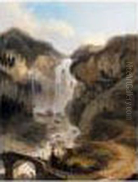 Landscape With A Waterfall And Travellers On A Bridge Oil Painting by Caspar Wolf