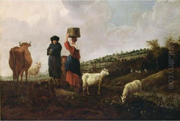 A Hilly Landscape With A Shepherd And His Herd, A Milkmaid And A Boy Conversing Oil Painting by Jan Baptist Wolfaerts