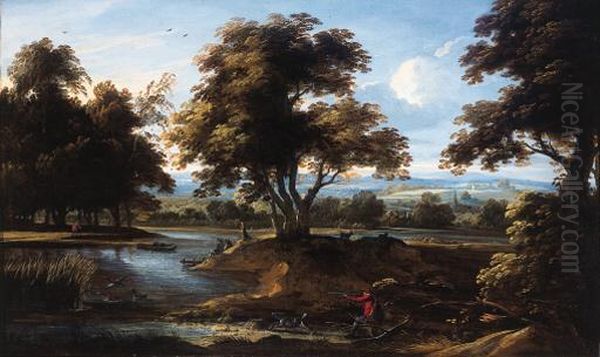 A Sportsman Shooting Duck By A River, In Summer Oil Painting by Jan Baptist Wolfaerts