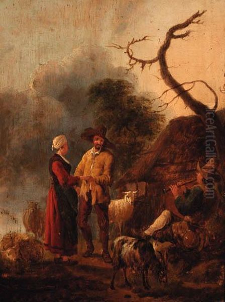 A Couple Dancing To A Piper Outside A Cottage Oil Painting by Jan Baptist Wolfaerts