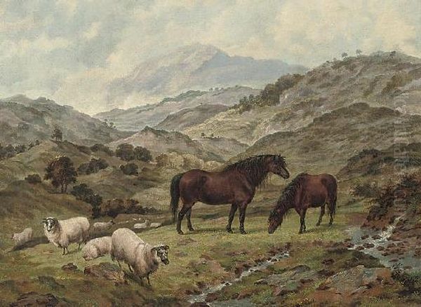 Scotch Ponies And Sheep In A Landscape Oil Painting by Dean Wolstenholme, Snr.