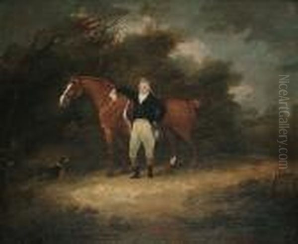 A Gentleman Standing With His Horse And A Dog In A Landscape Oil Painting by Dean Wolstenholme, Snr.