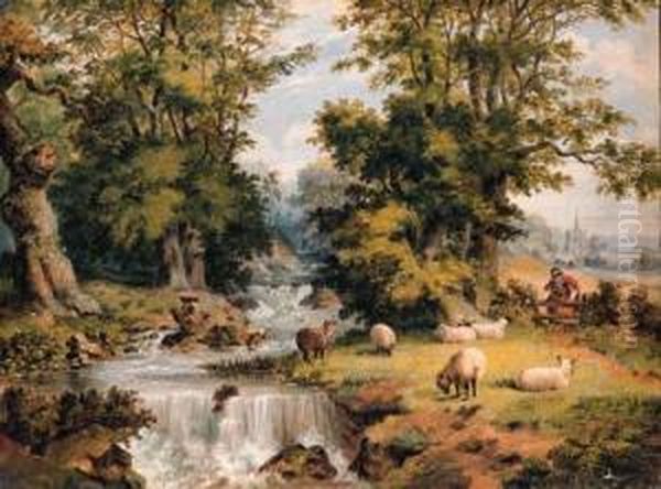 A Landscape With Sheep Grazing By A Stream And A Woman Crossing Astile Oil Painting by Dean Wolstenholme, Jr