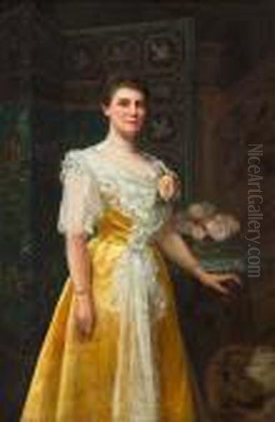 A Portrait Of A Woman, Standing 
Three-quarter Length, In A Yellow Dress, Beside A Bouquet Of Roses And 
An Asian Screen Oil Painting by William Clarke Wontner