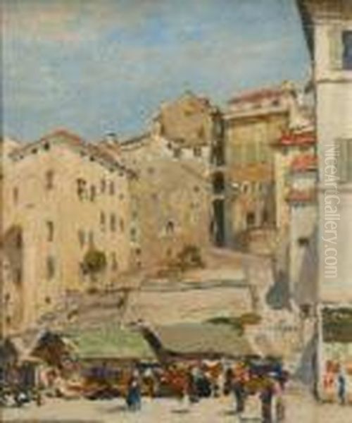 San Remo Market Place Oil Painting by Edgar Thomas Wood