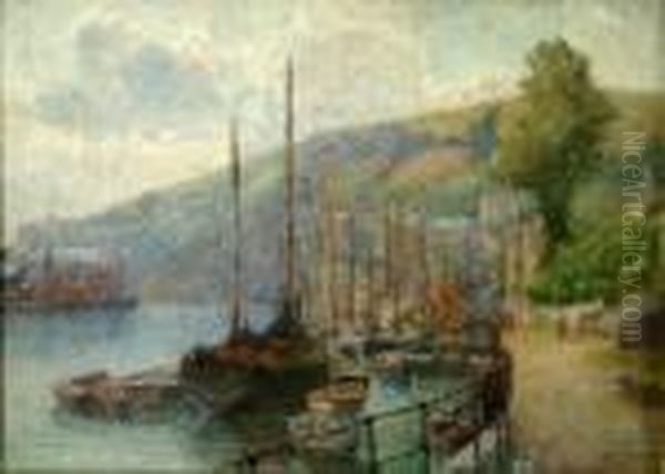 Fishing Boats Docked At A Harbour Oil Painting by Edgar Thomas Wood