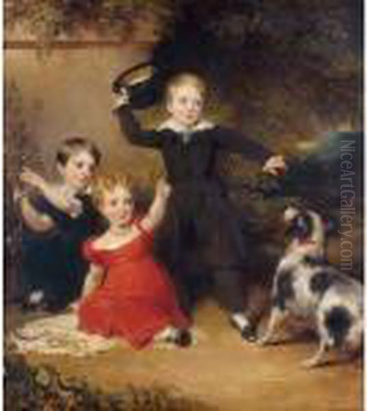 Portrait Of Three Children In A Landscape With A Dog Oil Painting by John Wood