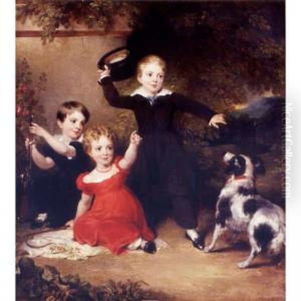 Portrait Of Three Children In A Landscape With A Dog Oil Painting by John Wood