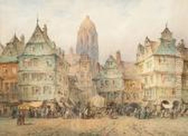 A Busy Town Centre, Probably German Oil Painting by Lewis John Wood