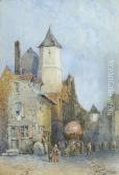 A French Country Town With Figures On The Street Oil Painting by Lewis John Wood