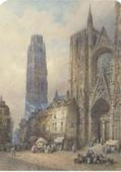 Bustling Activity In The Square Before A Continentalcathedral Oil Painting by Lewis John Wood