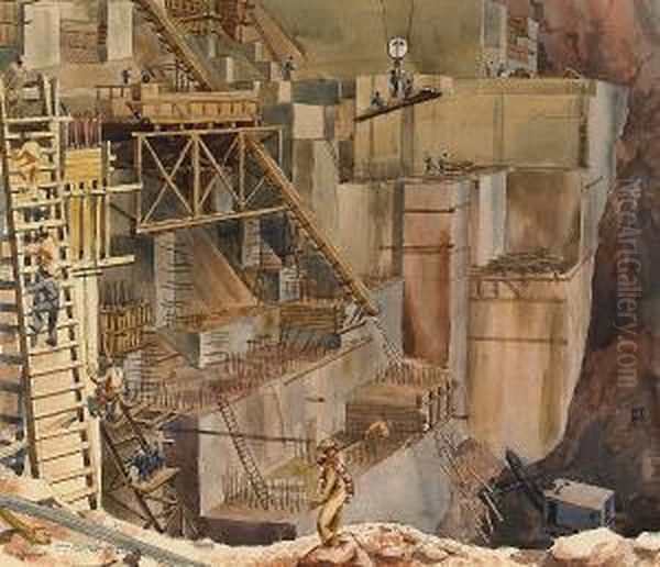 Power House Abutments, Boulder Dam Oil Painting by Stanley Huber Wood