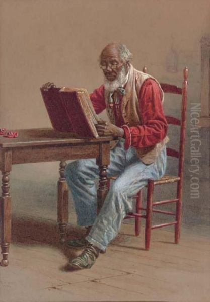 A Seated Man Reading; A Seated Man With A Saw: Two Works Oil Painting by Thomas Waterman Wood