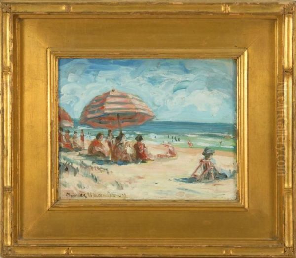 Beach Scene With Umbrellas Oil Painting by Charles Herbert Woodbury