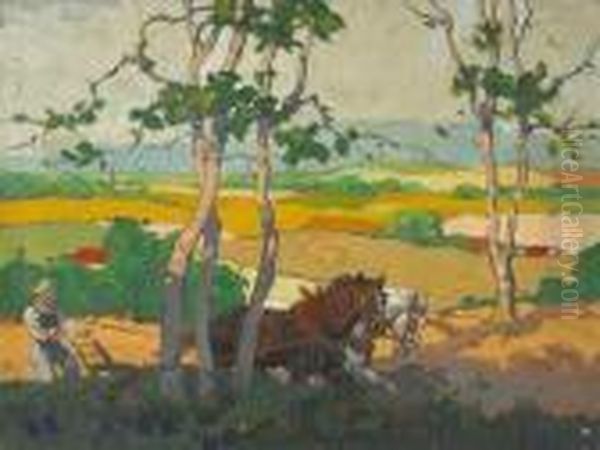 Plowing The Fields Oil Painting by Charles Herbert Woodbury