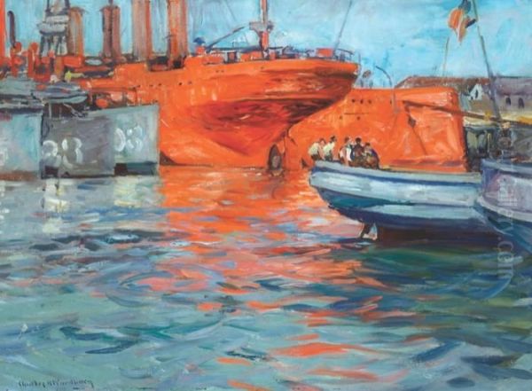 Red Ships, Portsmouth Oil Painting by Charles Herbert Woodbury