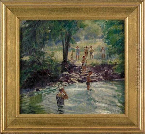 Landscape With Figures In A River Oil Painting by Charles Herbert Woodbury