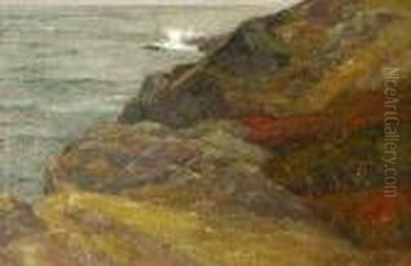 Rocky Seascape Oil Painting by Charles Herbert Woodbury