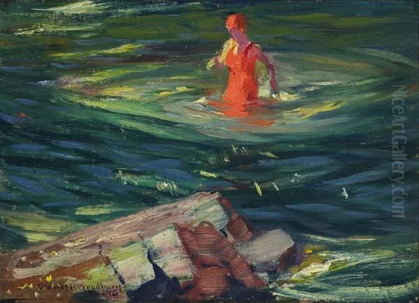 ''the Red Bathing Suit'' Oil Painting by Charles Herbert Woodbury