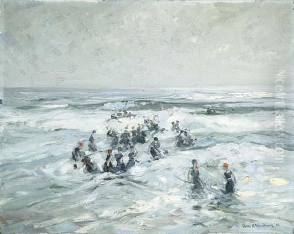 Splashing In The Surf Oil Painting by Charles Herbert Woodbury