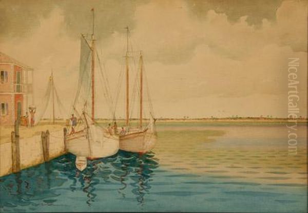 Tropical Harbor Scene With Docked Sailboats Oil Painting by Hartwell Leon Woodcock