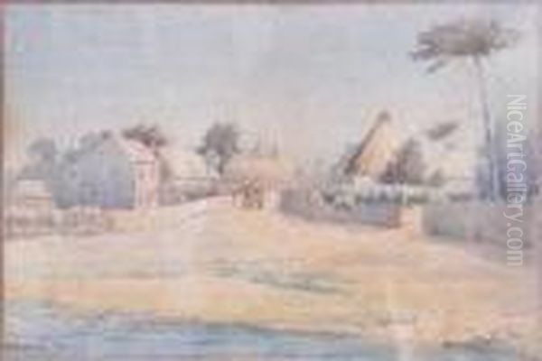 A Riverside Village Oil Painting by William Arnold Woodhouse