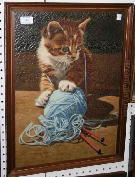 Study Of A Ginger Tabby Kitten Playing With A Ball Of String Oil Painting by William Arnold Woodhouse