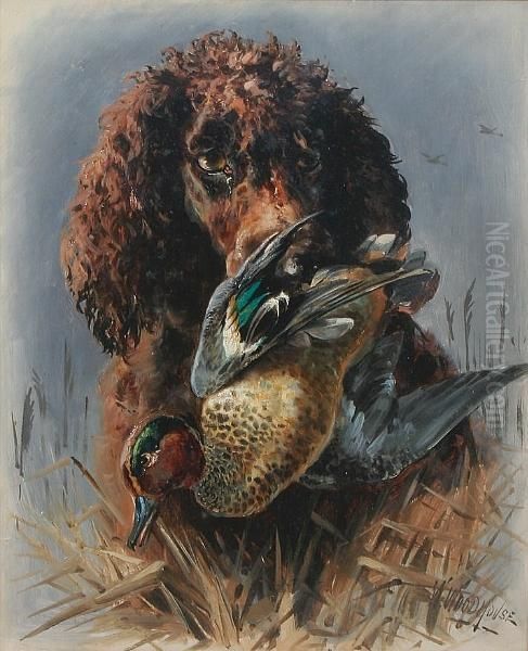 Head Of An Irish Water Spaniel And Mallard Oil Painting by William Arnold Woodhouse