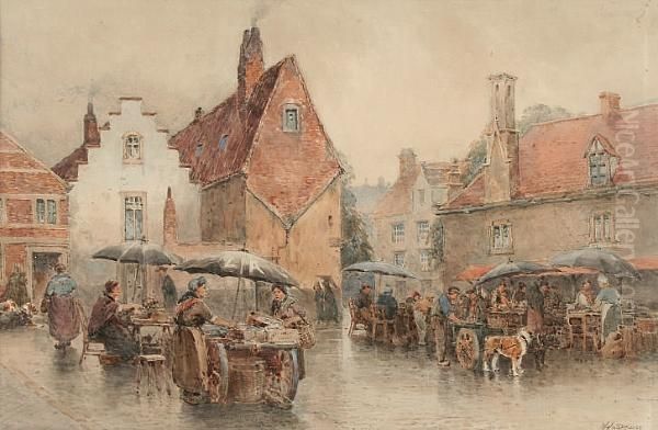 A Market Place, Bruges Oil Painting by William Arnold Woodhouse