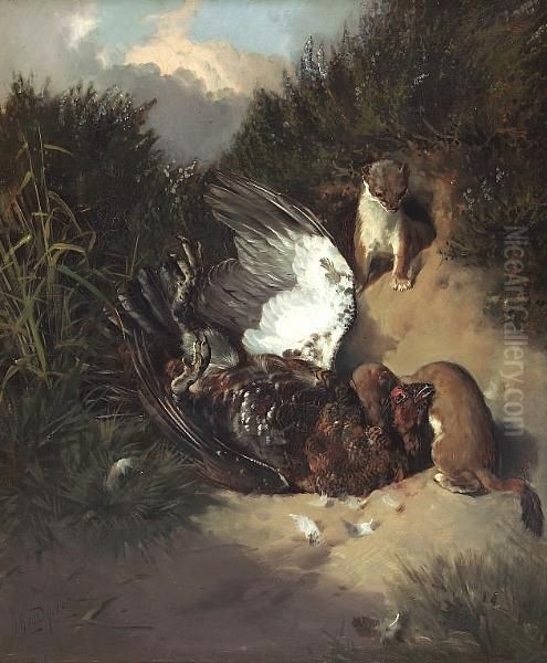 Stoat And Grouse Oil Painting by William Arnold Woodhouse