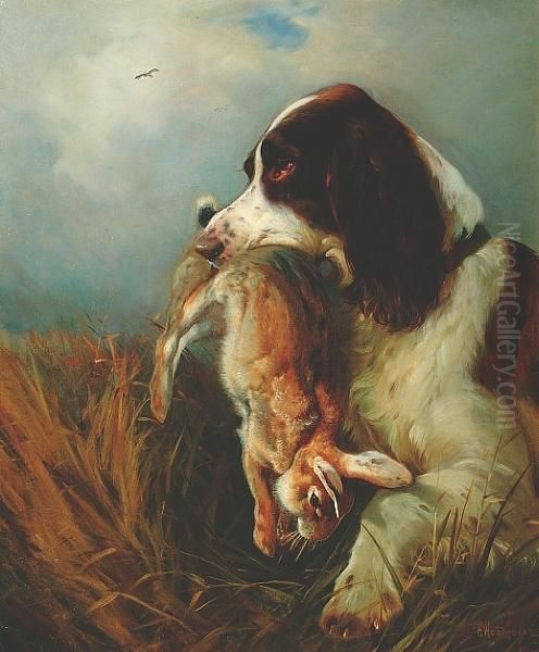 A Spaniel Holding A Rabbit Oil Painting by William Arnold Woodhouse