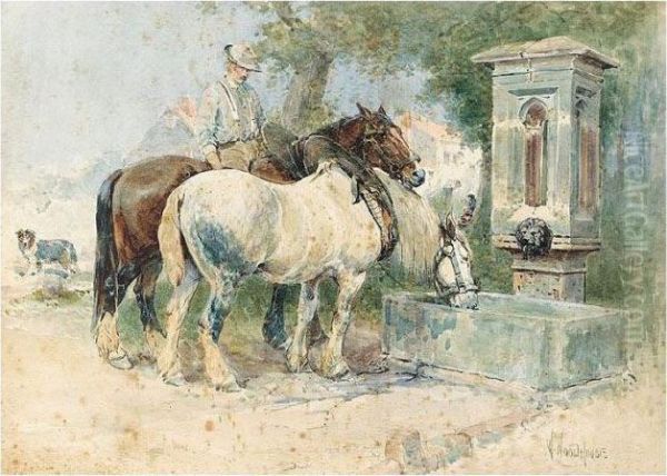 Horses Watering Oil Painting by William Arnold Woodhouse