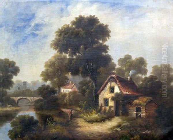 Attributed To Rev. Robert 
Woodley Brown , Cottage Ina Landscape With A Church In The Distance Oil Painting by Robert, Reverend Woodley-Brown