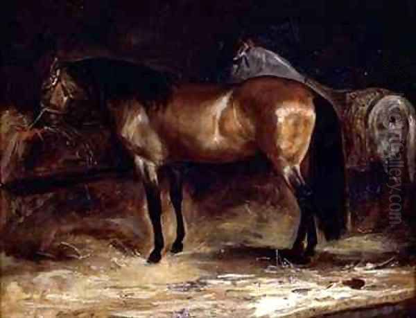 A Bay Horse at a manger with a grey horse in a rug Oil Painting by Theodore Gericault