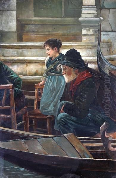 An Old Fisherman And Young Girl At A Watersedge By Gondolas, Venice Oil Painting by Henry Woods