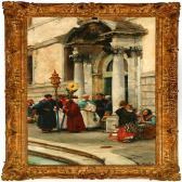 Outside An Italian Church Oil Painting by Henry Woods