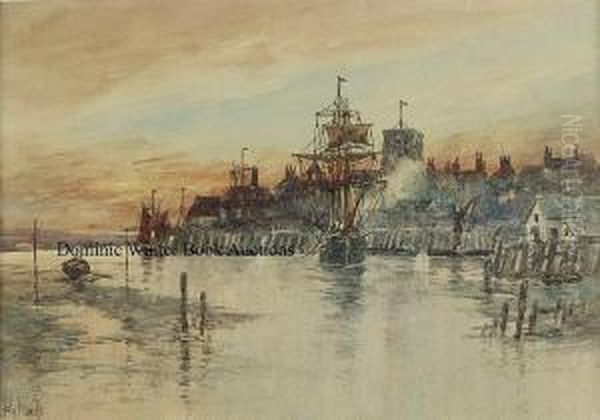 Harbour Scene At Sunset Oil Painting by Henry Woods