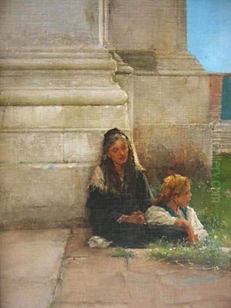 Femmeet Enfant Au Pied D'un Temple A Venise Oil Painting by Henry Woods