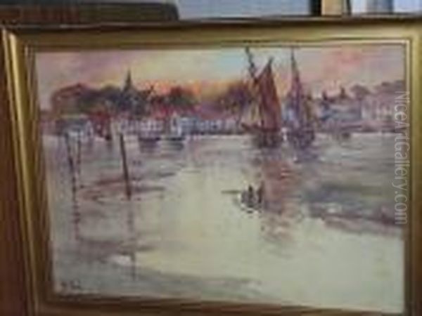 Harbour Town At Sunset, With Boats Moored Oil Painting by Henry Woods